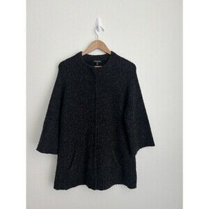 Eileen Fisher Petite Wool Blend Boucle Knit Jacket Open Front 3/4 Sleeve Black M